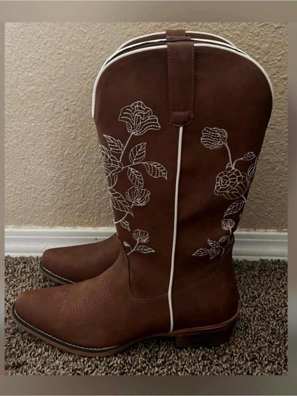 Jeossy Women's Cowboy Mid Calf Boots with Embroidery Brown Color -Size 11